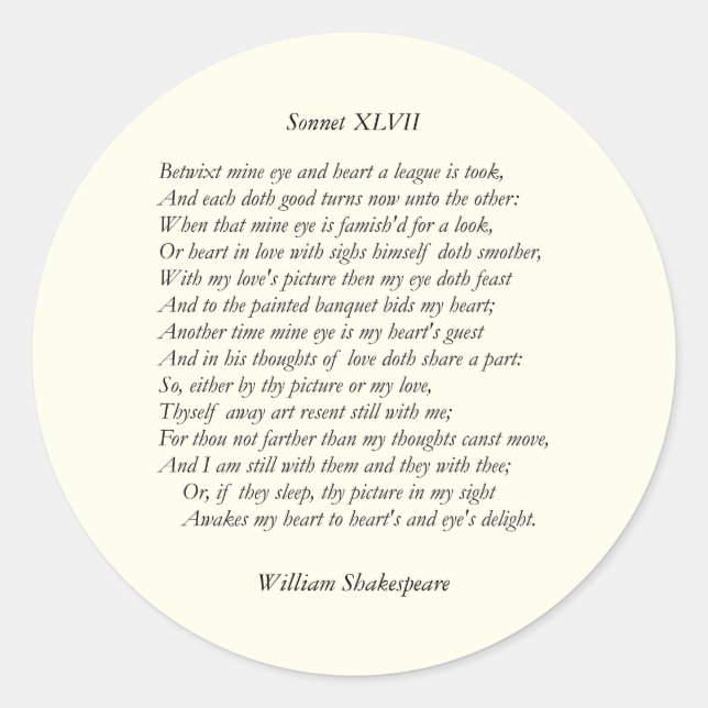 Pegatina Redonda Sonnet # 47 de William Shakespeare (Anverso)
