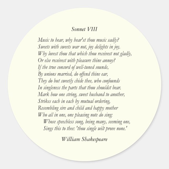 Pegatina Redonda Sonnet # 8 de William Shakespeare (Anverso)