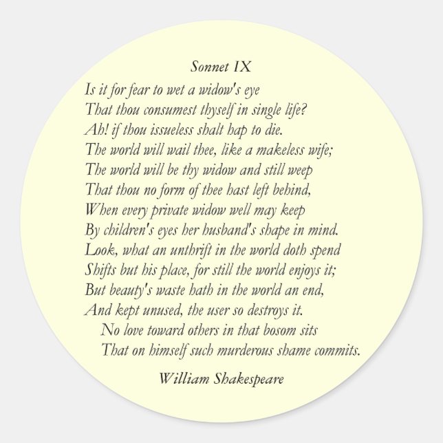Pegatina Redonda Sonnet # 9 de William Shakespeare (Anverso)