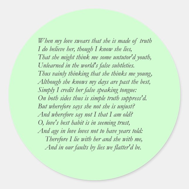 Pegatina Redonda Sonnet Número 138 de William Shakespeare (Anverso)