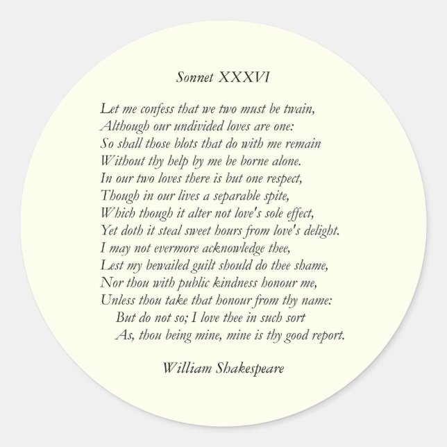 Pegatina Redonda Sonnet Número 36 de William Shakespeare (Anverso)