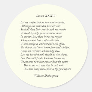 Pegatina Redonda Sonnet Número 36 de William Shakespeare