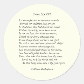 Pegatina Redonda Sonnet Número 36 de William Shakespeare