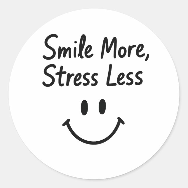 Pegatina Redonda Sonría más, estrés menos diseño de garabatos (Anverso)