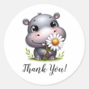 Pegatina Redonda Sonriendo Hippo con girasol Gracias