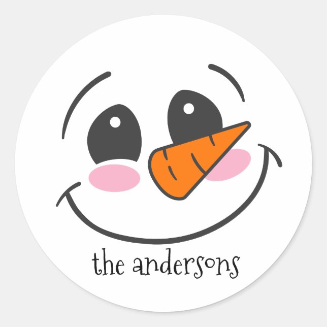 Pegatina Redonda Sonriente Snowman enfrenta nombre familiar persona (Anverso)