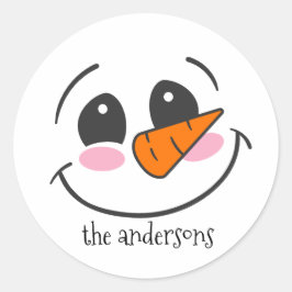 Pegatina Redonda Sonriente Snowman enfrenta nombre familiar persona