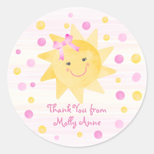 Pegatina Redonda Sonriente Sunshine Pink Yellow Dots Girly Gracias (Anverso)