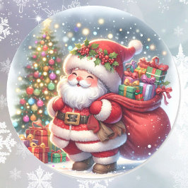 Pegatina Redonda Sonrisa Santa Cute Trayendo Regalos Árbol De Navid