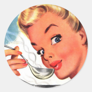 Pegatina Redonda ¡Sopas retras del kitsch de las mujeres del