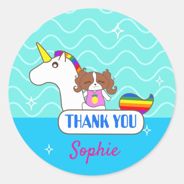 Pegatina Redonda Sophie Dog Pool Fiesta Gracias Pegatinas (Anverso)