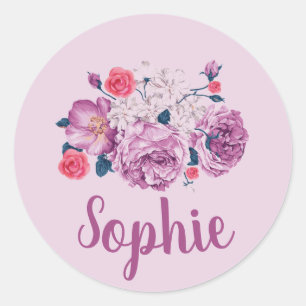 Pegatina Redonda Sophie Nombre Floral Personalizado Vintage Flores 