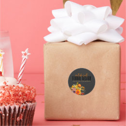Pegatina Redonda Sophisticated Floral Design Black Orange Flowers 