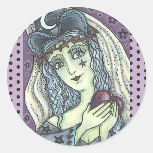 PEGATINA REDONDA SORCERESS, GÓTICO PEGATINAS DEL CORAZÓN DE BRAZA (Anverso)