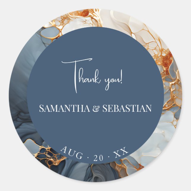 Pegatina Redonda Sorprendente resumen azul índigo y oro (Anverso)