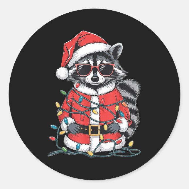 Pegatina Redonda Sorry Santa I've Been Feral, Christmas Raccoon, Sa (Anverso)