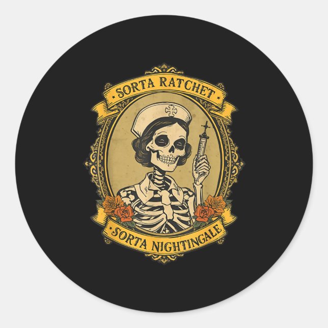 Pegatina Redonda Sorta Ratchet Sorta Nightingale Skeleton Nurse Hal (Anverso)