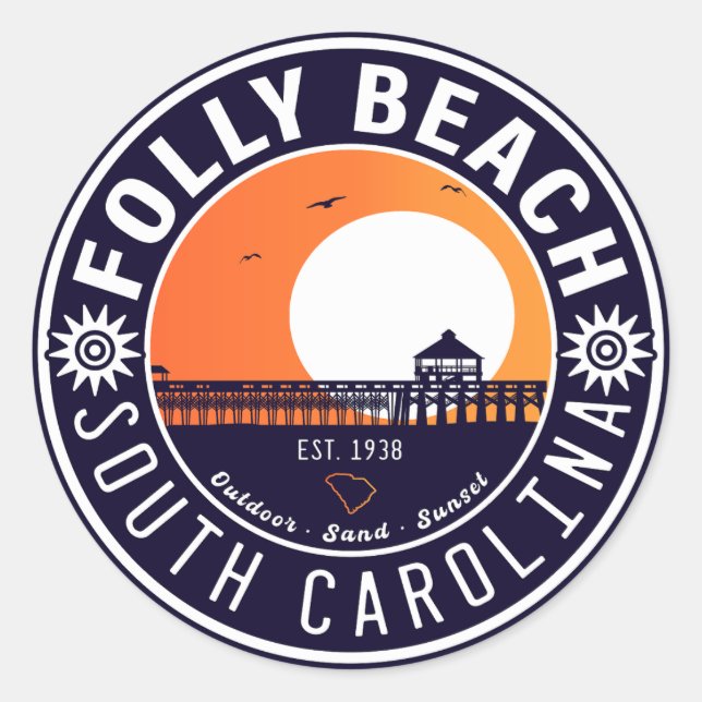 Pegatina Redonda Souvenirs Folly Beach SC Retro Sunset Pier 60 (Anverso)