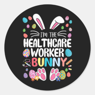 Pegatina Redonda Soy el conejo trabajador de la salud Bunny Oreja d