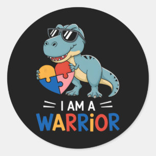 Pegatina Redonda Soy un guerrero Autismo Chicos Familia Dinosaurio