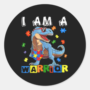 Pegatina Redonda Soy Un Guerrero Autismo Conciencia Dinosaurio Hear