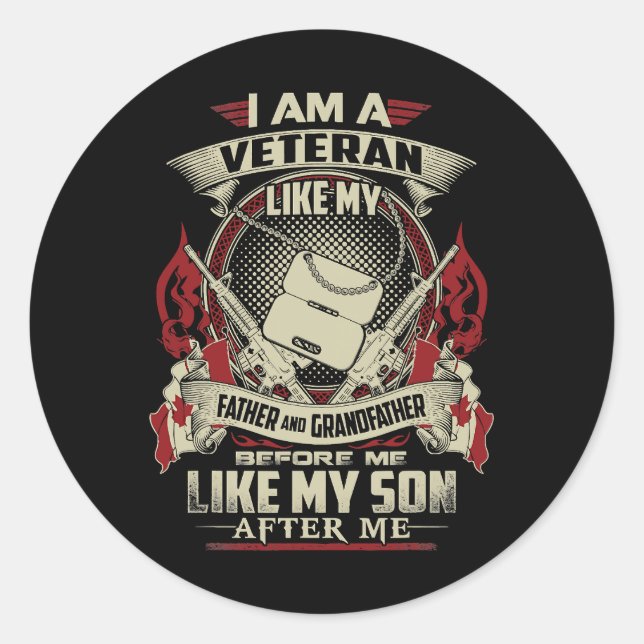 PEGATINA REDONDA SOY UN VETERANO CANADIENSE COMO MI PADRE ANTES QUE (Anverso)