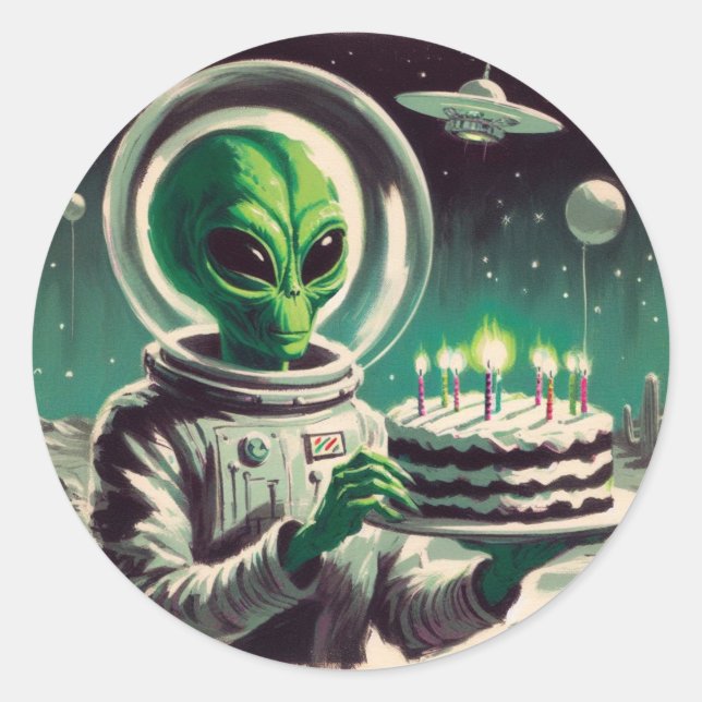 Pegatina Redonda Space Alien with Birthday Cake UFO Flying Saucer  (Anverso)