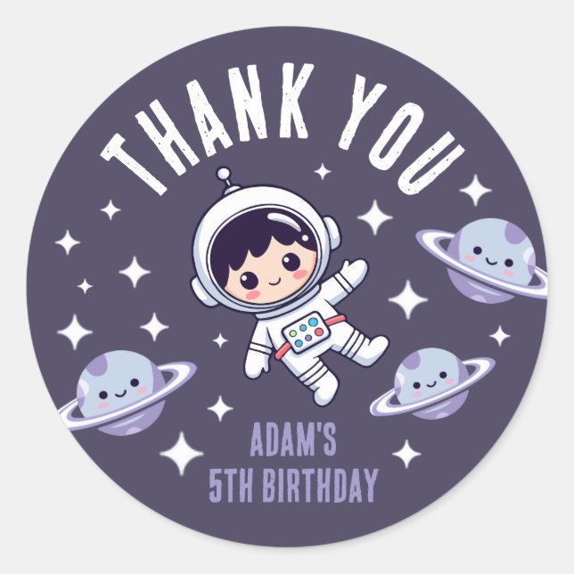 Pegatina Redonda Space Birthday Thank You | Cute Astronaut Galaxy  (Anverso)