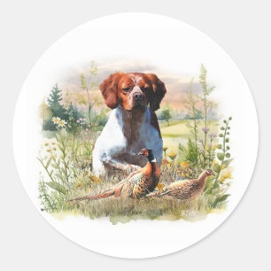 Pegatina Redonda Spaniel de Bretaña - Campo, Enfoque, Faisán, Arte