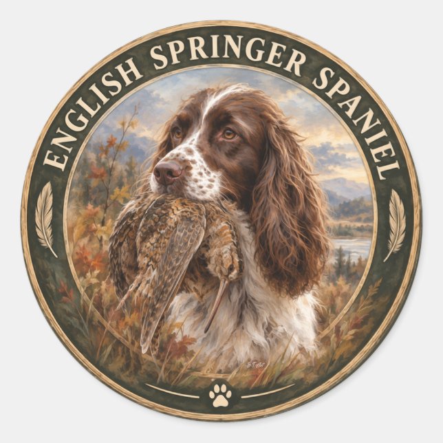 Pegatina Redonda Spaniel de Springer Inglés (Anverso)