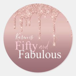 Pegatina Redonda Sparkle Fifty y Fabuloso Purpurina Rosado Cumpleañ