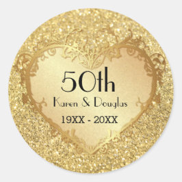 Pegatina Redonda Sparkle Gold Heart 50° Aniversario del Boda