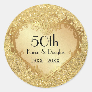 Pegatina Redonda Sparkle Gold Heart 50° Aniversario del Boda