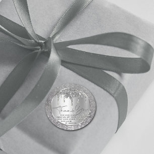 Pegatina Redonda Sparkle Gracias Plata Brillante Glitter Clásico 