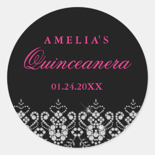 Pegatina Redonda Sparkle Jewel Negro Hot Pink Quinceanera Sticker