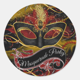 Pegatina Redonda Sparkle Red & Gold Feather Mask Masquerade Pegatin