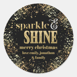 Pegatina Redonda Sparkle Shine Gold typography Feliz Navidad