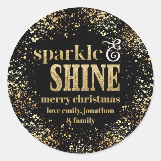 Pegatina Redonda Sparkle Shine Gold typography Feliz Navidad (Anverso)
