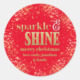 Pegatina Redonda Sparkle Shine Gold typography Merry Christmas Red