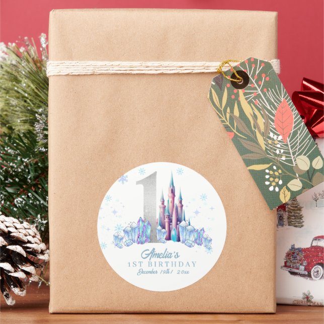 Pegatina Redonda Sparkle Silver Frozen Kingdom Castle 1º cumpleaños (Vacaciones)