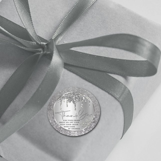 Pegatina Redonda Sparkle Thank You Silver Dripping Glitter Clásico  (Subido por el creador)