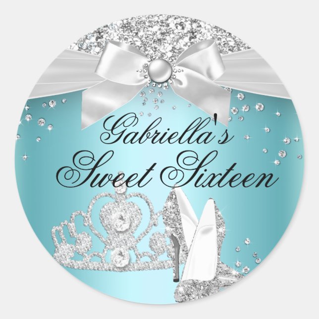 Pegatina Redonda Sparkle Tiara Heels Verde azulado Dulce 16 Pegatin (Anverso)