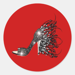 Pegatina Redonda Sparkling Black Stiletto on Red