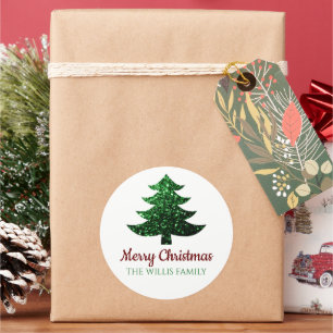 Pegatina Redonda Sparkly Merry Christmas tree green Nombre de la fa
