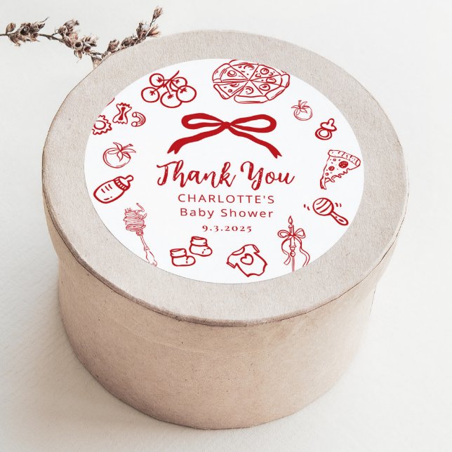 Pegatina Redonda Special Delivery Whimsical Red Bow Baby Shower (Subido por el creador)