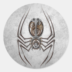Pegatina Redonda Spider Steampunk sobre el acero en bruto