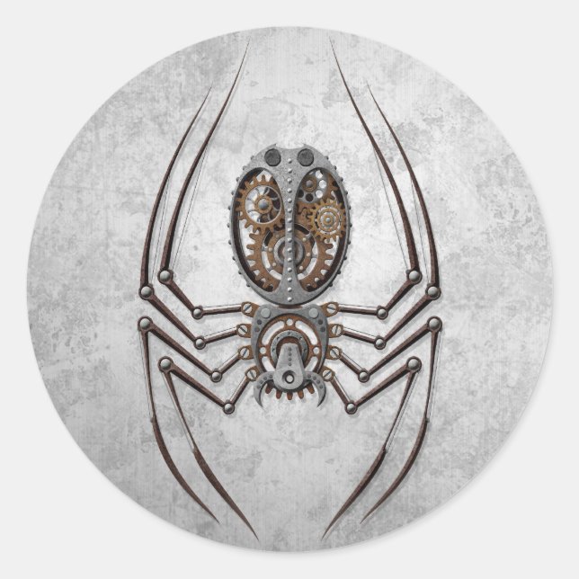 Pegatina Redonda Spider Steampunk sobre el acero en bruto (Anverso)