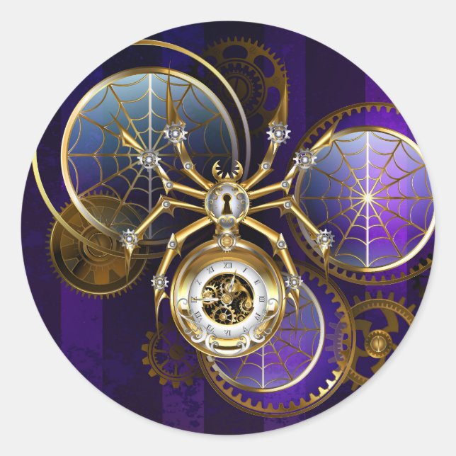 Pegatina Redonda Spider Steampunk sobre fondo morado (Anverso)