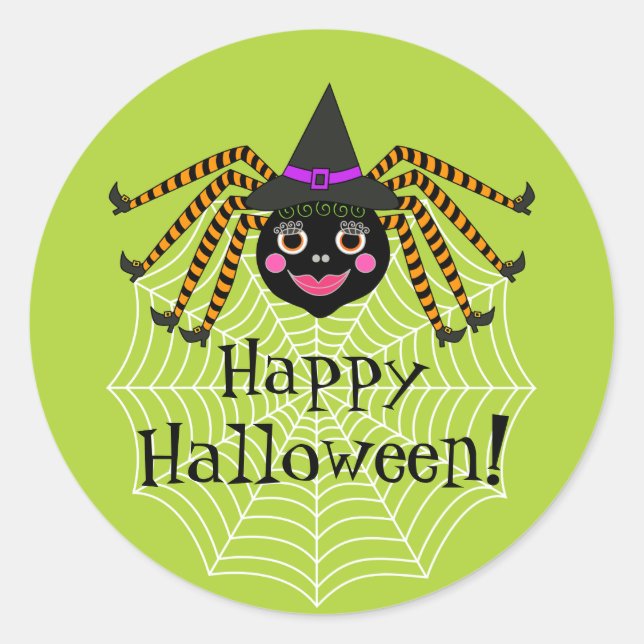 Pegatina Redonda Spider Witch Happy Halloween (Anverso)