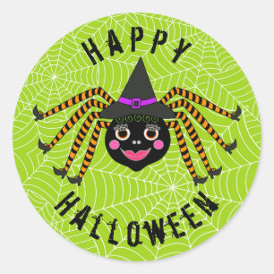 Pegatina Redonda Spider Witch Happy Halloween